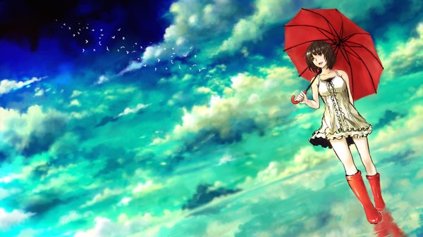 Anime picture 1500x844 with original seafh (artist) single breasts open mouth light erotic brown hair wide image brown eyes sky cloud (clouds) happy reflection girl dress petals water boots thigh boots umbrella