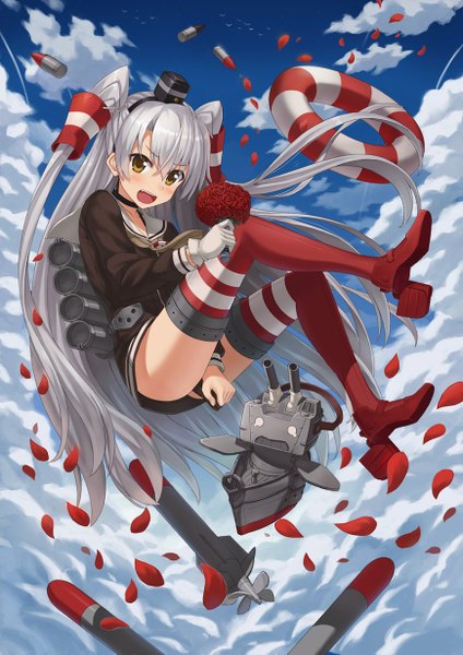 Anime picture 870x1231 with kantai collection amatsukaze destroyer rensouhou-kun npcpepper single long hair tall image looking at viewer blush open mouth brown eyes sky cloud (clouds) white hair two side up legs girl flower (flowers) weapon hat