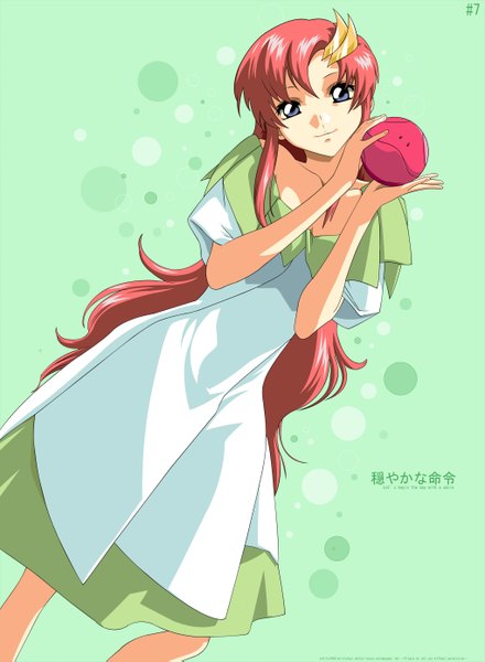 Anime picture 2039x2781 with mobile suit gundam gundam seed sunrise (studio) lacus clyne haro long hair tall image highres smile pink hair grey eyes polka dot green background girl dress hair ornament hairclip