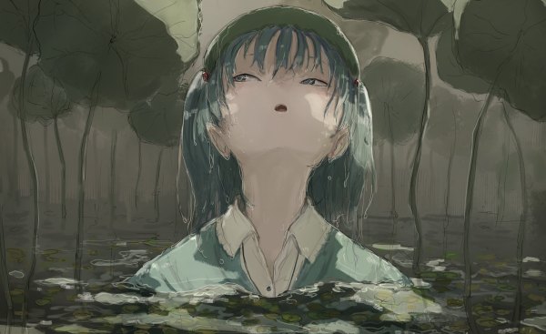 Anime picture 1200x734 with touhou kawashiro nitori yushika single fringe short hair open mouth blue eyes wide image blue hair looking away upper body head tilt :o wet two side up partially submerged open collar afloat girl