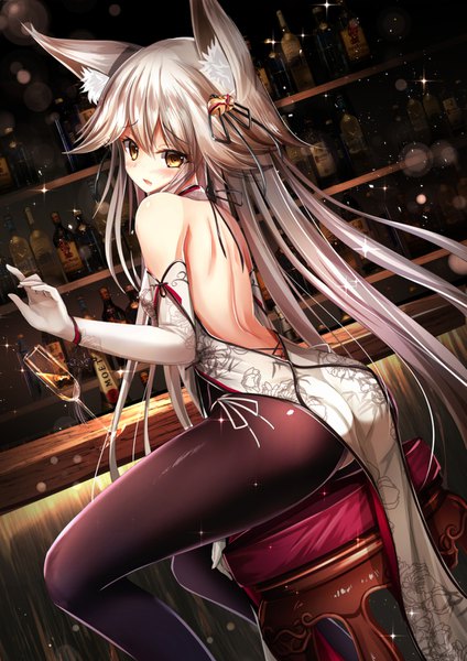 Anime picture 1089x1540 with original haguruma (hagurumali) single long hair tall image blush open mouth light erotic sitting bare shoulders animal ears yellow eyes looking back grey hair from behind sparkle embarrassed fox ears bare back hair bell