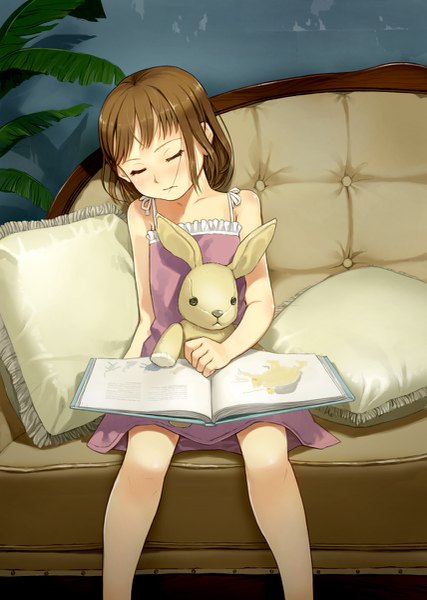 Anime picture 855x1200 with original yoshida seiji single long hair tall image brown hair bare shoulders eyes closed bare legs sleeping girl pillow book (books) toy stuffed animal couch stuffed toy camisole stuffed rabbit