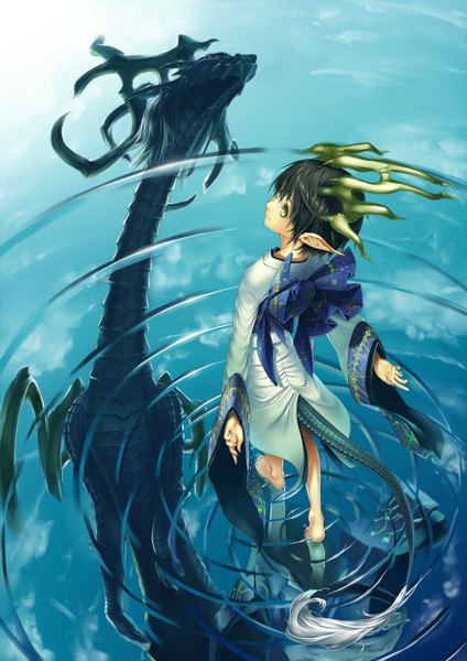Anime picture 1012x1432 with original master-kouhei single tall image blush short hair black hair smile green eyes cloud (clouds) tail nail polish traditional clothes japanese clothes looking back barefoot horn (horns) pointy ears from behind no shoes