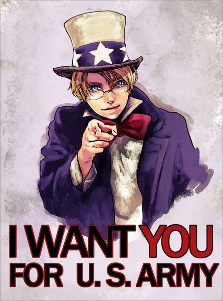 Anime picture 1147x1546 with axis powers hetalia studio deen america (hetalia) ihiro single tall image looking at viewer short hair blue eyes blonde hair inscription pointing boy glasses bowtie star (symbol) top hat