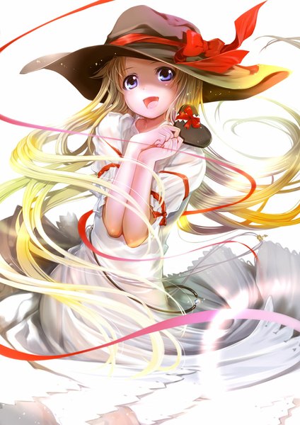 Anime picture 800x1132 with mikazuki akira single tall image looking at viewer blush open mouth blue eyes blonde hair very long hair valentine girl dress bow ribbon (ribbons) hat food sweets chocolate chocolate heart
