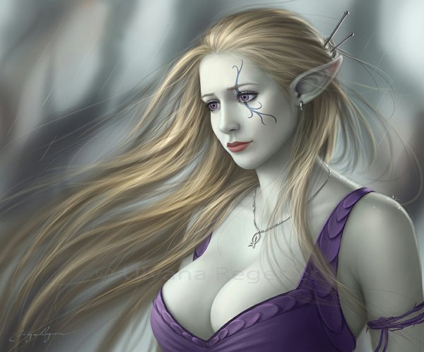 Anime picture 1024x850 with final fantasy final fantasy xiv square enix eva (final fantasy xiv) selenada single long hair breasts light erotic blonde hair large breasts purple eyes lips pointy ears realistic face paint girl hair ornament earrings hairclip