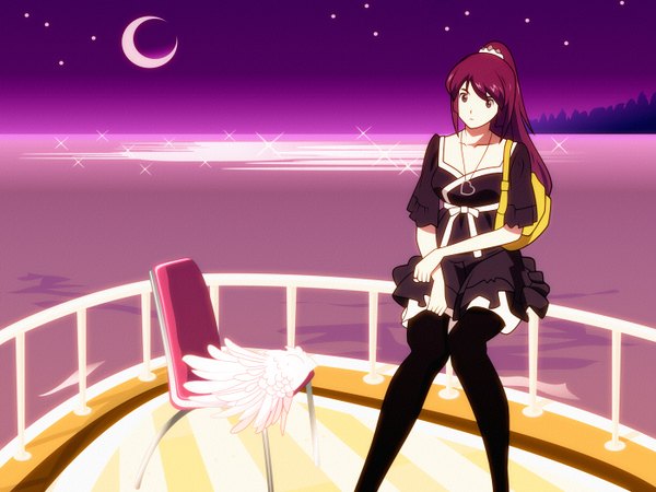 Anime picture 1400x1050 with bakemonogatari shaft (studio) monogatari (series) senjougahara hitagi single long hair sitting purple eyes looking away purple hair ponytail night sparkle night sky angel wings crescent girl pantyhose wings hairband