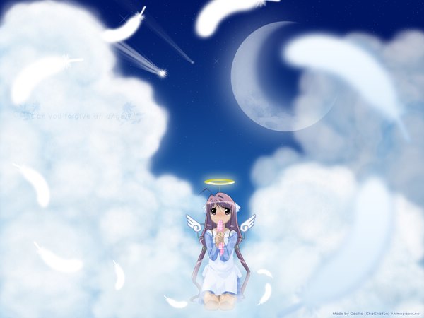 Anime picture 1600x1200 with magikano yoshikawa maika single long hair sitting purple eyes signed sky purple hair cloud (clouds) third-party edit white wings seiza shooting star girl wings moon star (stars) feather (feathers) halo