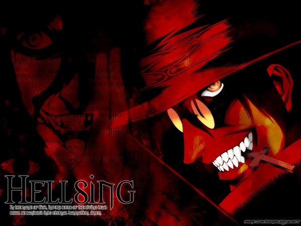 Anime picture 1024x768 with hellsing alucard (hellsing) looking at viewer profile teeth orange eyes fang (fangs) text english zoom layer clenched teeth vampire logo hat sunglasses