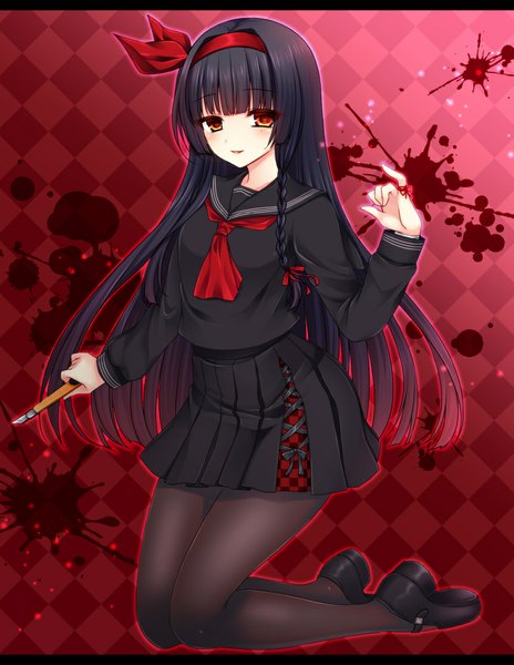 Anime picture 780x1008 with original tamahagane gakuen touransai asazuki kanai single long hair tall image black hair red eyes letterboxed girl skirt uniform school uniform pantyhose hairband black pantyhose blood