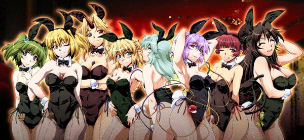 Anime picture 2600x1200 with touhou komeiji koishi komeiji satori reiuji utsuho kaenbyou rin mizuhashi parsee hoshiguma yuugi kurodani yamame kisume ootsuki wataru long hair blush highres short hair breasts blue eyes light erotic black hair blonde hair smile