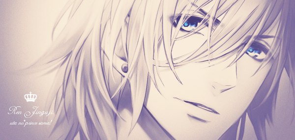 Anime picture 1177x561 with uta no prince-sama original a-1 pictures jinguji ren teinpomu single looking at viewer blue eyes simple background wide image parted lips light smile lips inscription copyright name character names piercing ear piercing eyebrows boy
