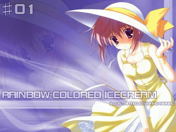 Anime picture 1024x768 with rainbow colored icecream nanao naru single looking at viewer fringe short hair breasts blue eyes hair between eyes signed pink hair leaning copyright name sleeveless girl dress hat hat ribbon yellow dress