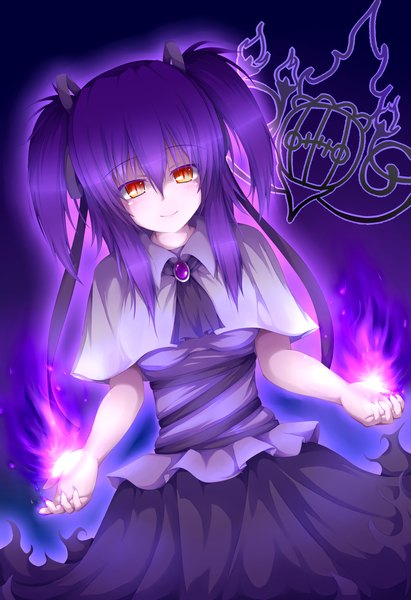 Anime picture 1850x2700 with pokemon nintendo chandelure akkii (meragold) single long hair tall image highres red eyes twintails purple hair glowing short twintails gen 5 pokemon girl dress ribbon (ribbons) hair ribbon