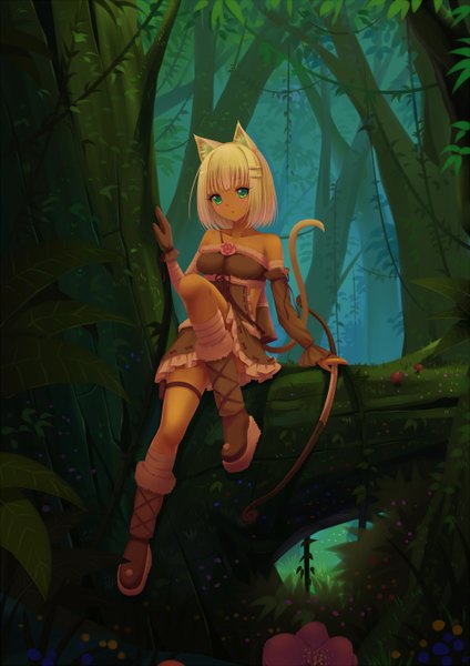 Anime picture 1000x1414 with original sonikey0 0 single tall image short hair blonde hair bare shoulders green eyes animal ears tail animal tail cat ears cat girl cat tail girl dress plant (plants) tree (trees) boots