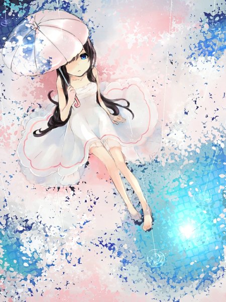 Anime picture 760x1014 with original ao no neko single long hair tall image looking at viewer fringe blue eyes brown hair bare shoulders holding bent knee (knees) barefoot from above sleeveless looking up rain knees touching girl dress
