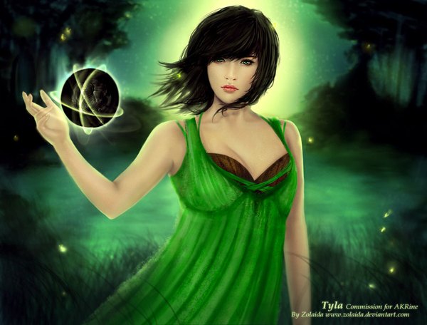Anime picture 900x685 with zolaida (artist) single looking at viewer short hair black hair green eyes lips realistic magic girl dress