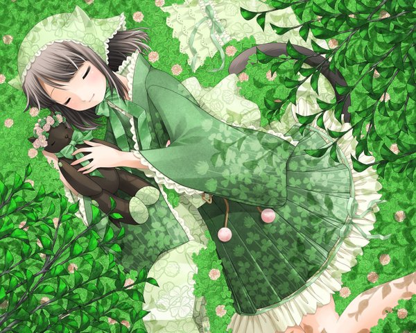 Anime picture 1280x1024 with kanzaki miku kuroinu single black hair animal ears tail eyes closed girl bow plant (plants) toy stuffed animal