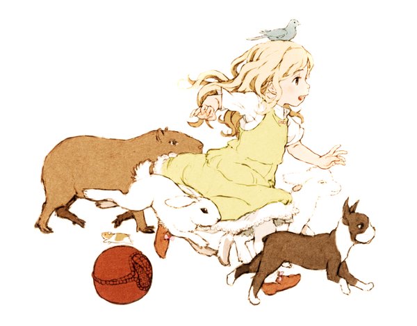 Anime picture 1920x1503 with psycho (artist) single long hair blush highres open mouth simple background blonde hair white background brown eyes girl dress animal bird (birds) bunny dog hamster goat