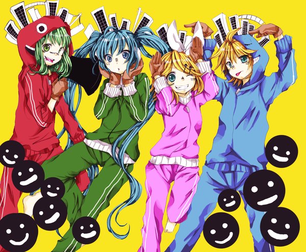 Anime picture 2300x1900 with vocaloid matryoshka (vocaloid) kagamine rin kagamine len gumi tagme (artist) highres blue eyes simple background blonde hair smile twintails multiple girls green eyes blue hair one eye closed green hair wink tattoo :p