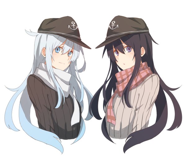 Anime picture 1363x1143 with kantai collection hibiki destroyer akatsuki destroyer tsukamoto minori long hair looking at viewer blue eyes black hair simple background white background purple eyes multiple girls blue hair girl 2 girls scarf flat cap anchor symbol