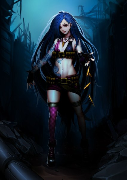 Anime picture 1280x1807 with league of legends jinx (league of legends) tagme (artist) single tall image looking at viewer red eyes blue hair very long hair parted lips tattoo girl thighhighs shorts belt short shorts single thighhigh cartridge