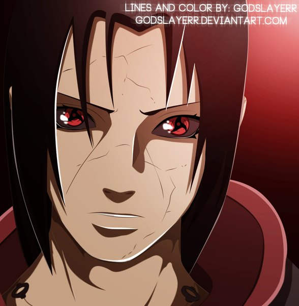 Anime picture 2048x2091 with naruto studio pierrot naruto (series) uchiha itachi godslayerr single tall image highres short hair black hair simple background red eyes signed coloring portrait close-up face red background akatsuki sharingan