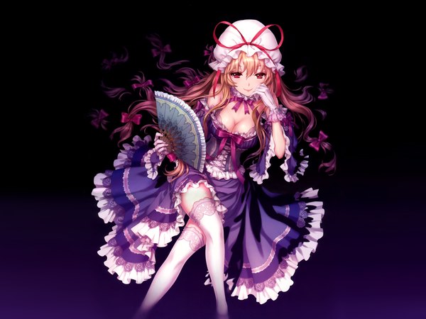 Anime picture 4000x3000 with touhou yakumo yukari an2a single long hair looking at viewer highres simple background blonde hair smile red eyes sitting third-party edit purple background extended girl thighhighs dress gloves bow