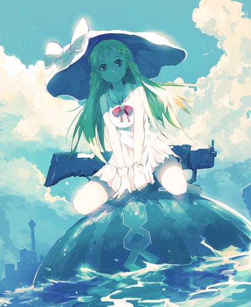 Anime picture 1000x1222 with original alchemaniac single long hair tall image blue eyes blonde hair sitting sky cloud (clouds) barefoot lens flare girl dress gloves ribbon (ribbons) weapon hat water white gloves