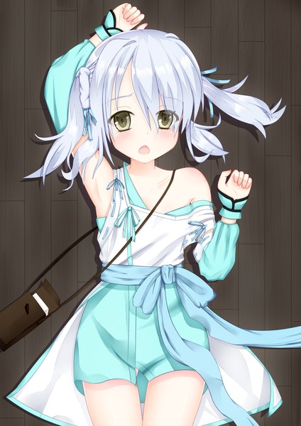 Anime picture 1415x2000 with oda nobuna no yabou takenaka hanbei (oda nobuna no yabou) tall image blush short hair open mouth twintails yellow eyes white hair lying traditional clothes japanese clothes loli short twintails girl