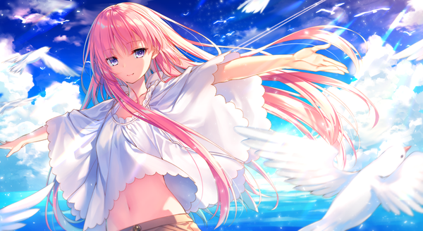 Anime picture 1292x708 with girly air force dengeki bunko gripen (girly air force) toosaka asagi single long hair looking at viewer wide image purple eyes pink hair sky cloud (clouds) upper body wind sunlight bare belly spread arms shaded face girl navel