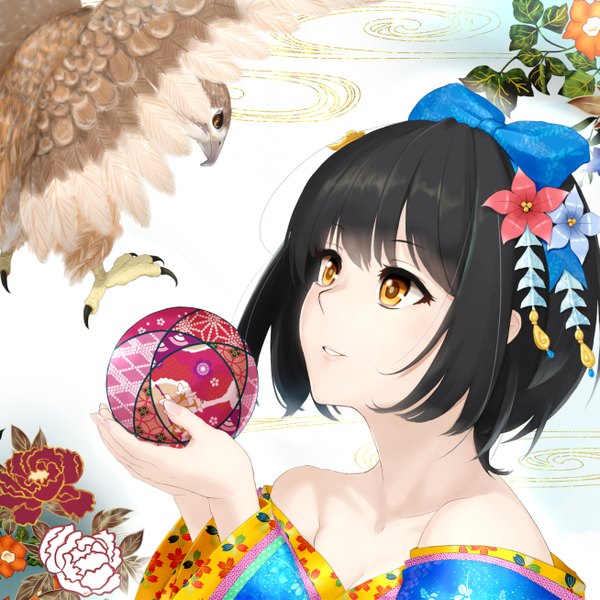 Anime picture 1307x1307 with idolmaster idolmaster cinderella girls takafuji kako saty-rokuji (artist) single short hair black hair yellow eyes japanese clothes hair flower girl hair ornament flower (flowers) bow hair bow animal kimono bird (birds) ball temari ball