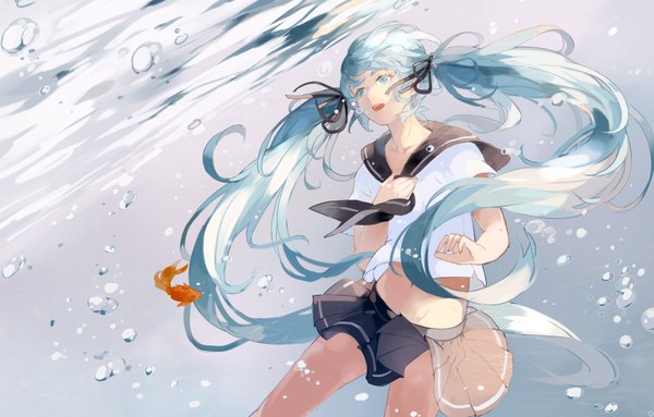 Anime picture 1932x1236 with vocaloid hatsune miku bottle miku nine (liuyuhao1992) single highres open mouth blue eyes twintails blue hair very long hair underwater girl skirt navel miniskirt serafuku bubble (bubbles) fish (fishes)