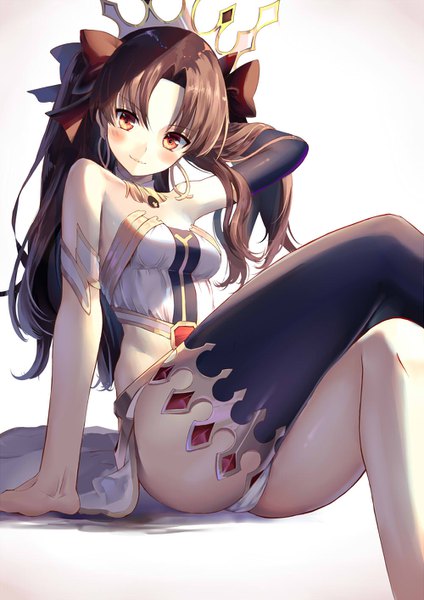 Anime picture 1000x1414 with fate (series) fate/grand order toosaka rin ishtar (fate) kouyafu single long hair tall image blush fringe highres breasts light erotic smile red eyes brown hair sitting arm up arm support two side up