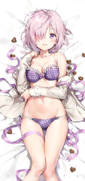 Anime picture 467x989 with fate (series) fate/grand order mash kyrielight anmi single tall image looking at viewer blush fringe breasts open mouth light erotic simple background smile large breasts purple eyes bare shoulders purple hair bent knee (knees) lying