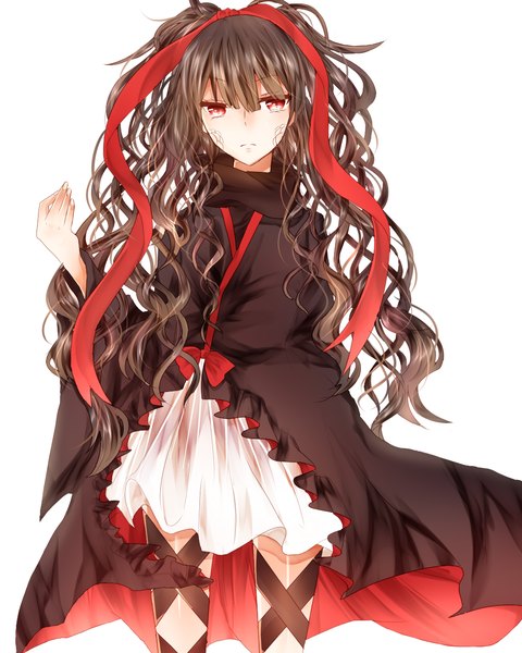 Anime picture 1000x1250 with original yuri saki single long hair tall image looking at viewer simple background red eyes brown hair white background wavy hair girl dress ribbon (ribbons) hair ribbon