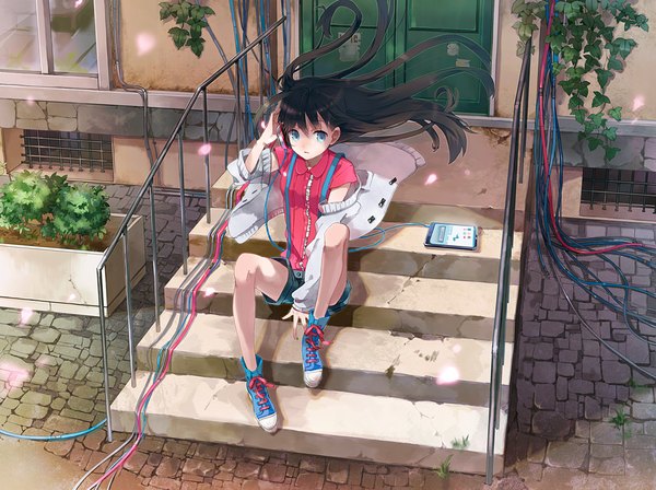 Anime picture 1100x823 with original apple inc. eihi single long hair blue eyes black hair sitting full body wind girl plant (plants) shorts headphones stairs wire (wires) tablet pc