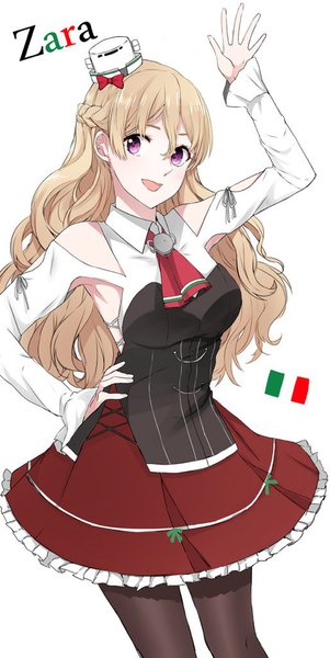 Anime picture 514x1024 with kantai collection zara (kantai collection) morinaga (harumori) single long hair tall image fringe open mouth simple background blonde hair hair between eyes white background purple eyes arm up character names hand on hip wavy hair girl hat pantyhose