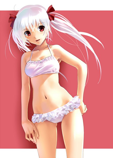 Anime picture 571x800 with original katahira masashi single long hair tall image looking at viewer light erotic simple background red eyes twintails bare shoulders white hair bare belly ass visible through thighs girl navel ribbon (ribbons) swimsuit hair ribbon bikini