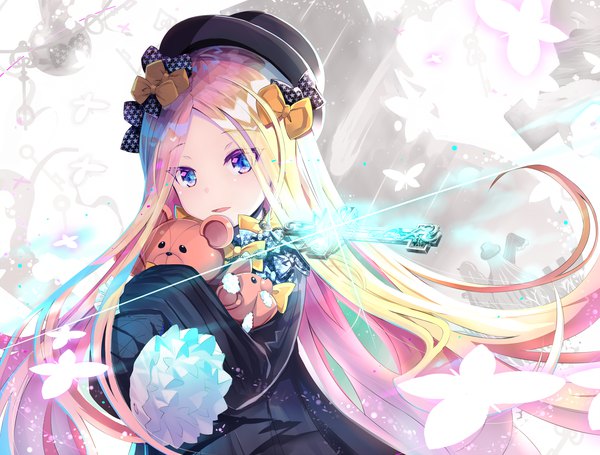 Anime picture 2000x1517 with fate (series) fate/grand order abigail williams (fate) lavinia whateley (fate/grand order) sho (runatic moon) long hair looking at viewer highres blue eyes blonde hair multiple girls upper body long sleeves sparkle solo focus girl bow 2 girls hair bow hat