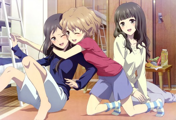 Anime picture 5955x4082 with hanasaku iroha megami magazine p.a. works matsumae ohana oshimizu nako tsurugi minko long hair blush highres short hair open mouth black hair brown hair multiple girls absurdres one eye closed wink black eyes official art hug