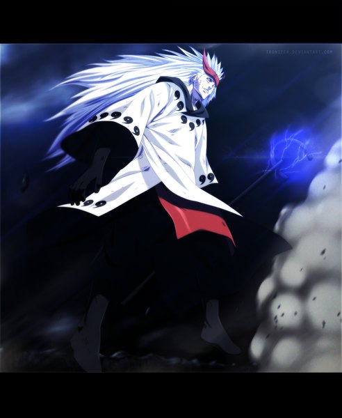 Anime picture 1500x1828 with naruto studio pierrot naruto (series) uchiha madara ironizer single long hair tall image smile purple eyes cloud (clouds) white hair traditional clothes japanese clothes night from below night sky coloring magic letterboxed