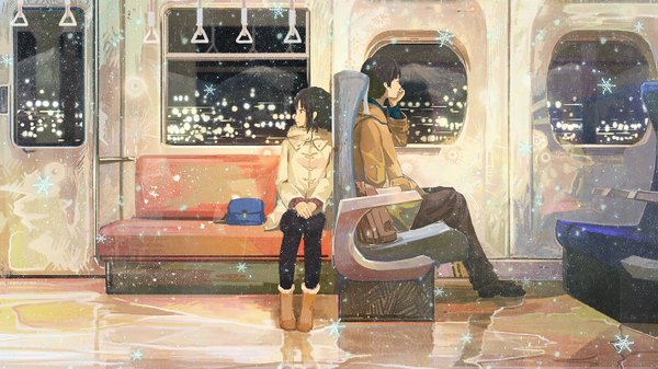 Anime picture 1423x800 with original gemi long hair short hair black hair wide image looking away black eyes snowing reflection city lights train interior girl boy shoes jacket pants bag ground vehicle snowflake (snowflakes)