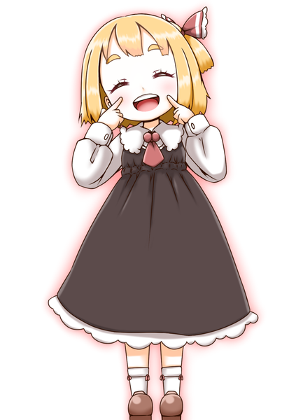 Anime picture 840x1190 with touhou rumia roco (katsuya1011) single tall image blush short hair open mouth simple background blonde hair white background :d one side up ^ ^ cute fingersmile girl dress bow hair bow