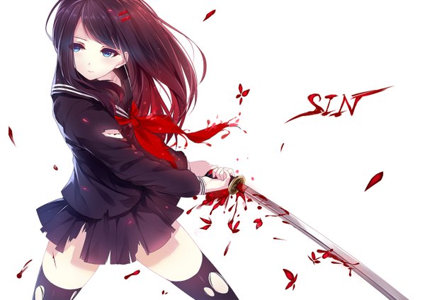 Anime picture 1500x1060 with original sin (caidychen) caidychen single long hair blue eyes simple background brown hair white background looking away inscription zettai ryouiki torn clothes girl thighhighs hair ornament weapon black thighhighs sword serafuku