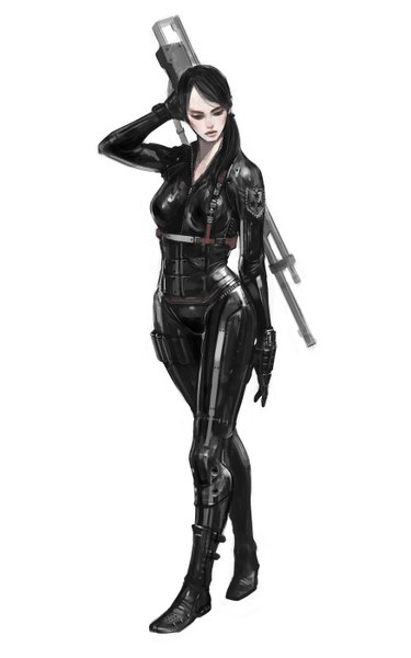 Anime picture 876x1400 with original rupid79 (artist) single long hair tall image breasts black hair simple background large breasts standing white background black eyes girl gloves weapon boots gun suit sniper rifle