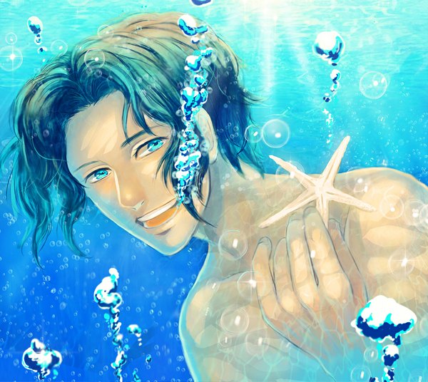 Anime picture 1032x923 with prince of tennis yukimura seiichi takatsuki (artist) single short hair open mouth blue eyes smile blue hair underwater boy water bubble (bubbles) starfish