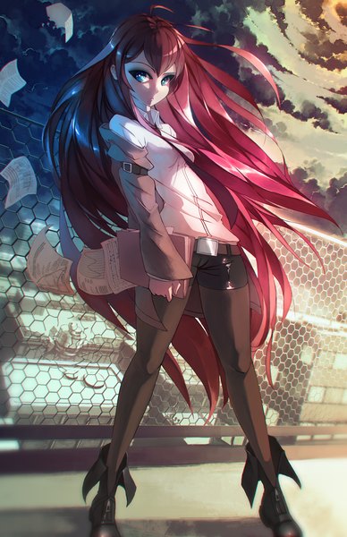 Anime picture 1155x1785 with steins;gate white fox makise kurisu rtil (artist) single long hair tall image looking at viewer fringe blue eyes standing holding sky cloud (clouds) red hair girl shirt pantyhose shorts boots