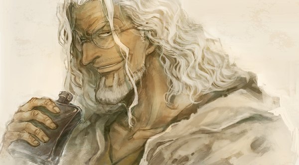 Anime picture 1182x656 with one piece toei animation silvers rayleigh nobu10 single looking at viewer short hair simple background smile wide image white hair wavy hair scar boy glasses alcohol beard
