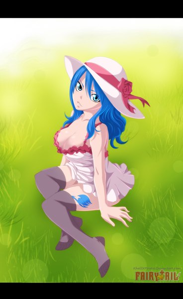 Anime picture 763x1243 with fairy tail juvia lockser khalilxpirates single long hair tall image breasts blue eyes light erotic large breasts blue hair from above sunlight tattoo copyright name coloring girl thighhighs dress black thighhighs